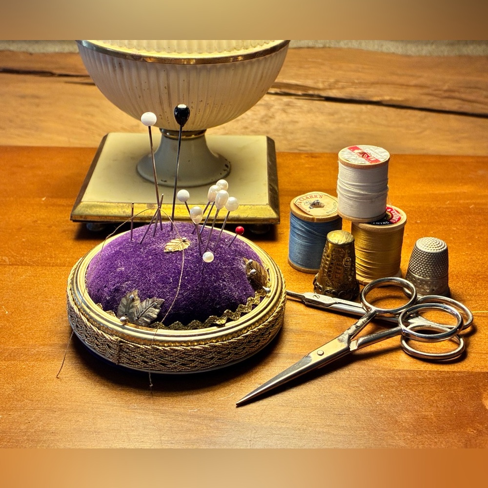 Vintage Handmade Purple Or Orange Velvet Sewing Pin Cushion Leaves Gold Trim